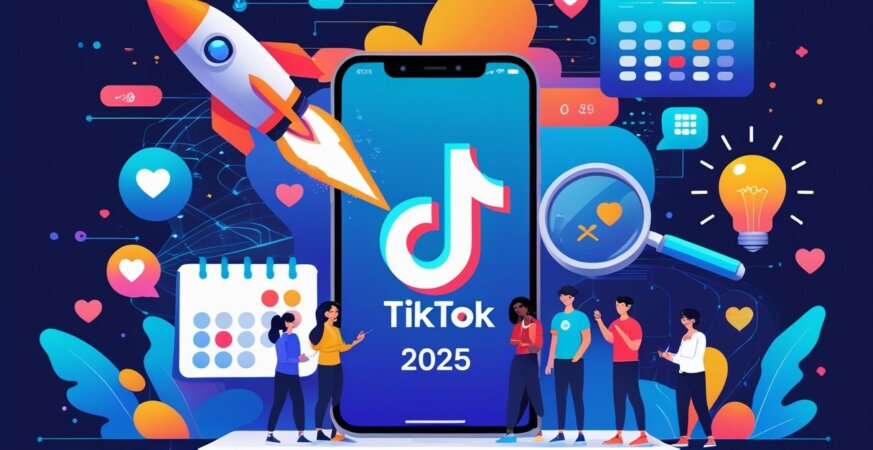 An illustration showing a smartphone surrounded by five icons representing growth, trends, collaboration, scheduling, and creativity for growing a TikTok account.
