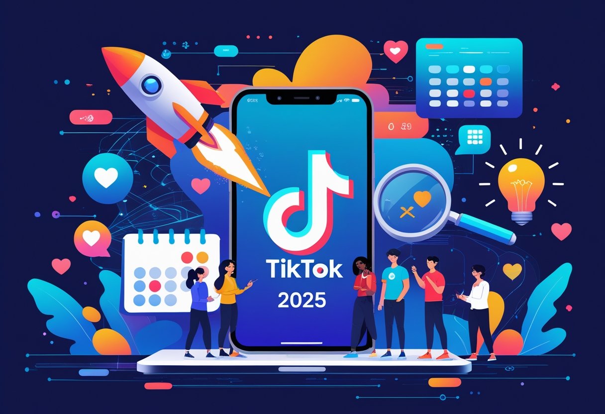 An illustration showing a smartphone surrounded by five icons representing growth, trends, collaboration, scheduling, and creativity for growing a TikTok account.