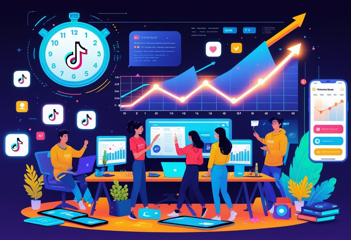 A group of diverse young people working together with digital devices showing TikTok interfaces, surrounded by charts and icons representing growth and activity.