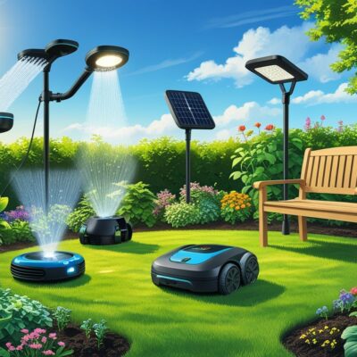A garden scene showing five gardening gadgets including a sprinkler, solar light, robotic mower, soil sensor, and multi-tool among plants and flowers.