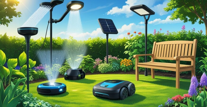A garden scene showing five gardening gadgets including a sprinkler, solar light, robotic mower, soil sensor, and multi-tool among plants and flowers.