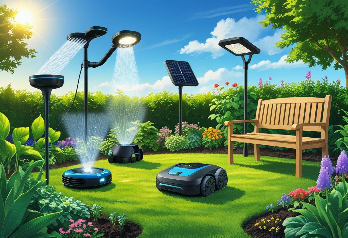 A garden scene showing five gardening gadgets including a sprinkler, solar light, robotic mower, soil sensor, and multi-tool among plants and flowers.