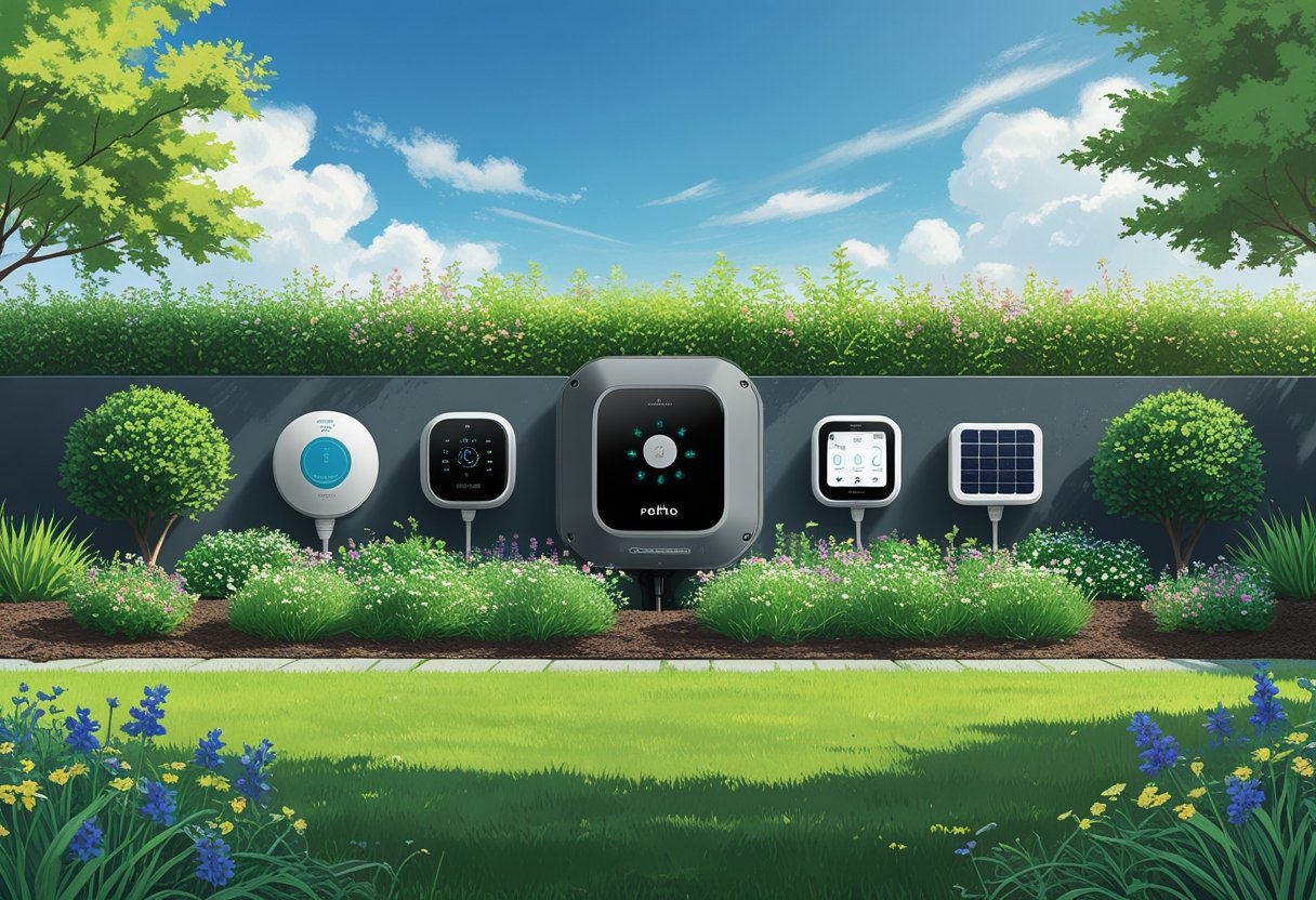 A garden scene showing the Rachio 3 Smart Sprinkler Controller mounted near plants, surrounded by four other gardening gadgets among green grass and flowers.