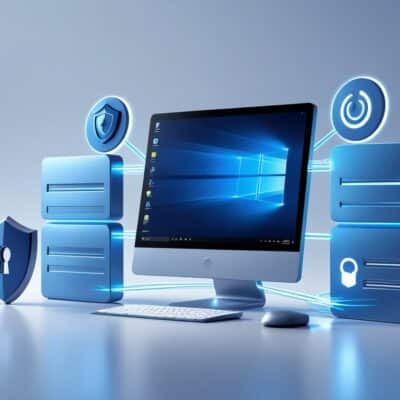 A desktop computer with the Windows logo surrounded by icons of a shield, padlock, firewall, and update symbol, representing computer security features.