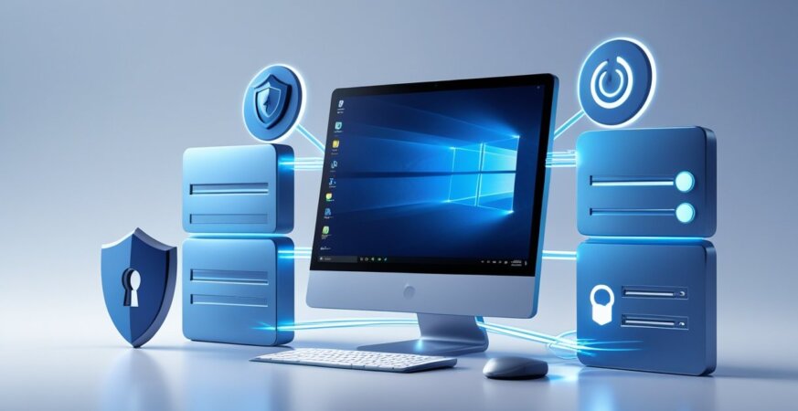 A desktop computer with the Windows logo surrounded by icons of a shield, padlock, firewall, and update symbol, representing computer security features.