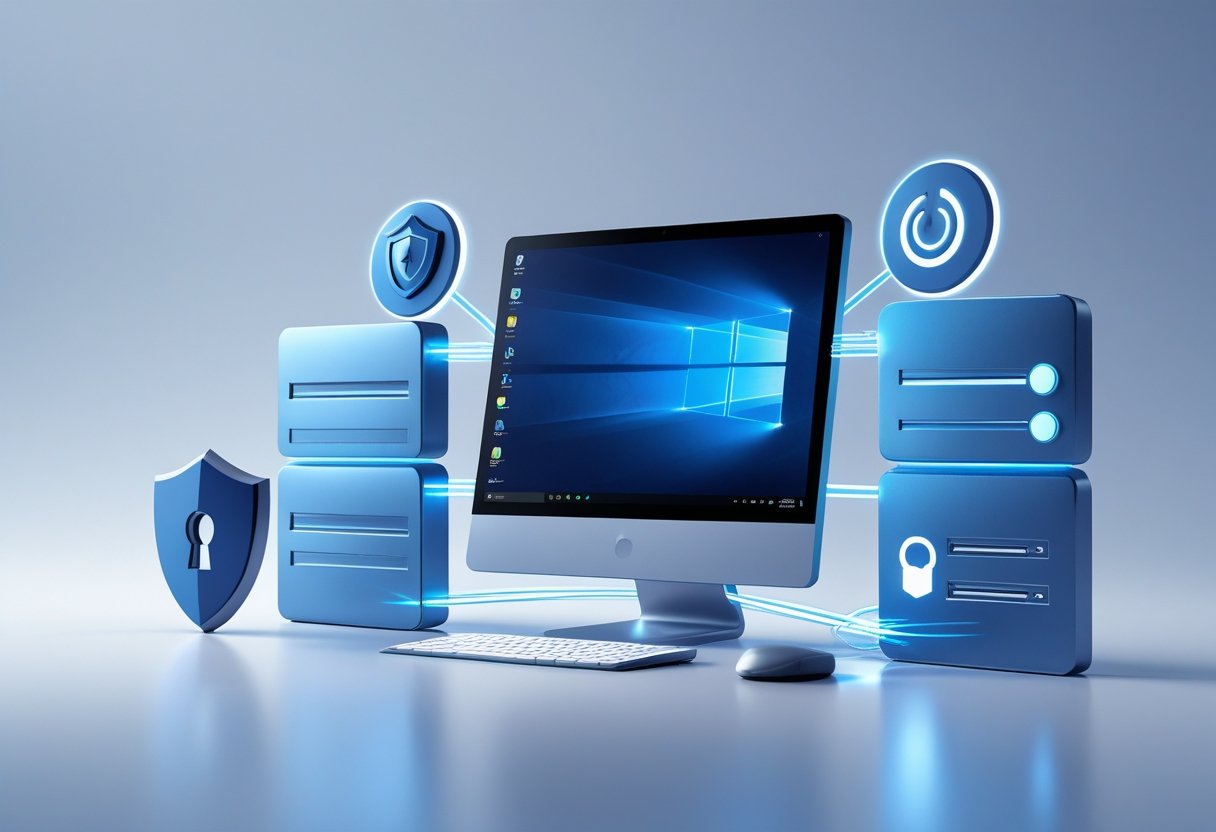 A desktop computer with the Windows logo surrounded by icons of a shield, padlock, firewall, and update symbol, representing computer security features.
