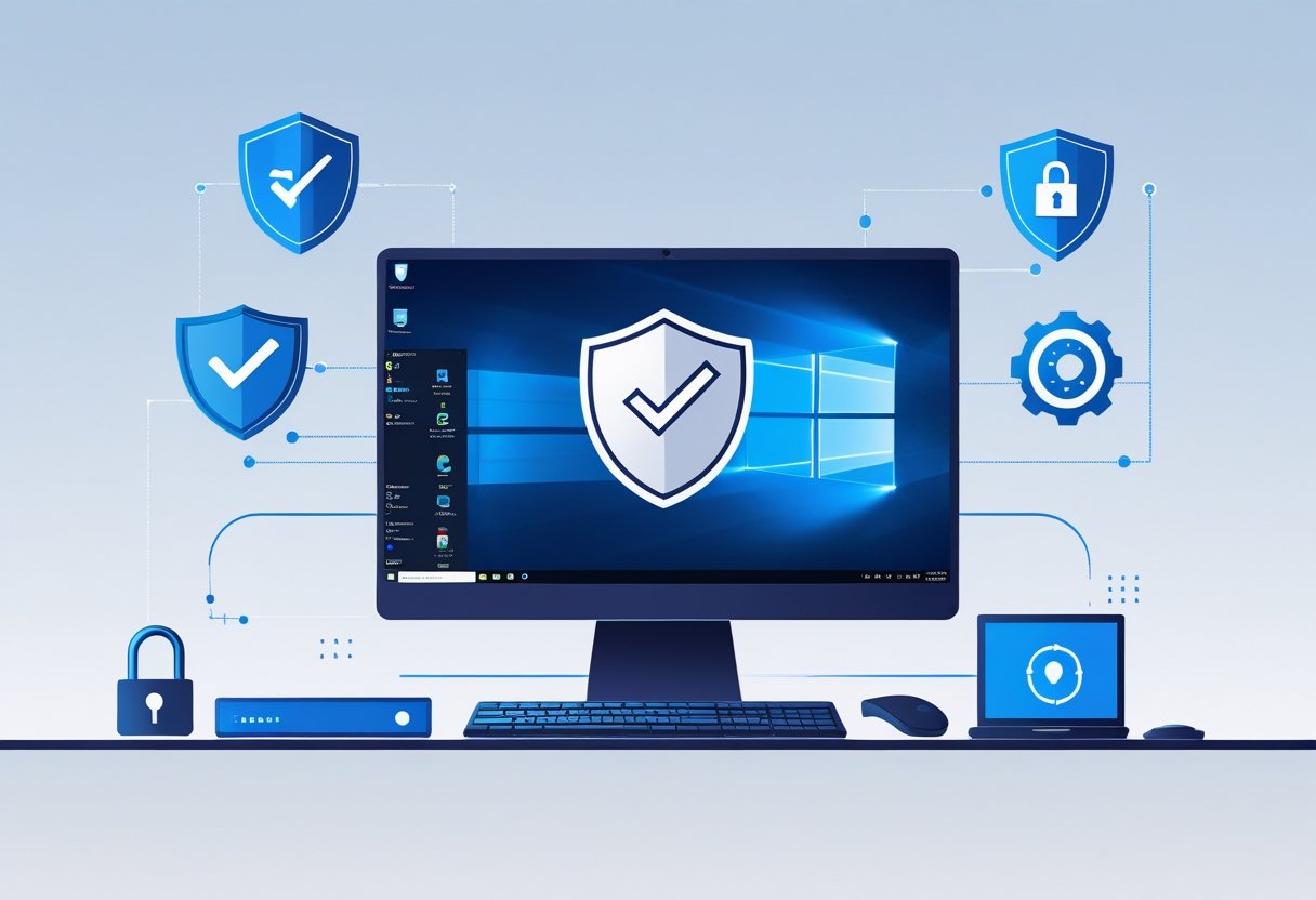 A modern Windows computer on a desk with a shield icon on the screen, surrounded by icons representing protection, updates, security, and safe internet connection.