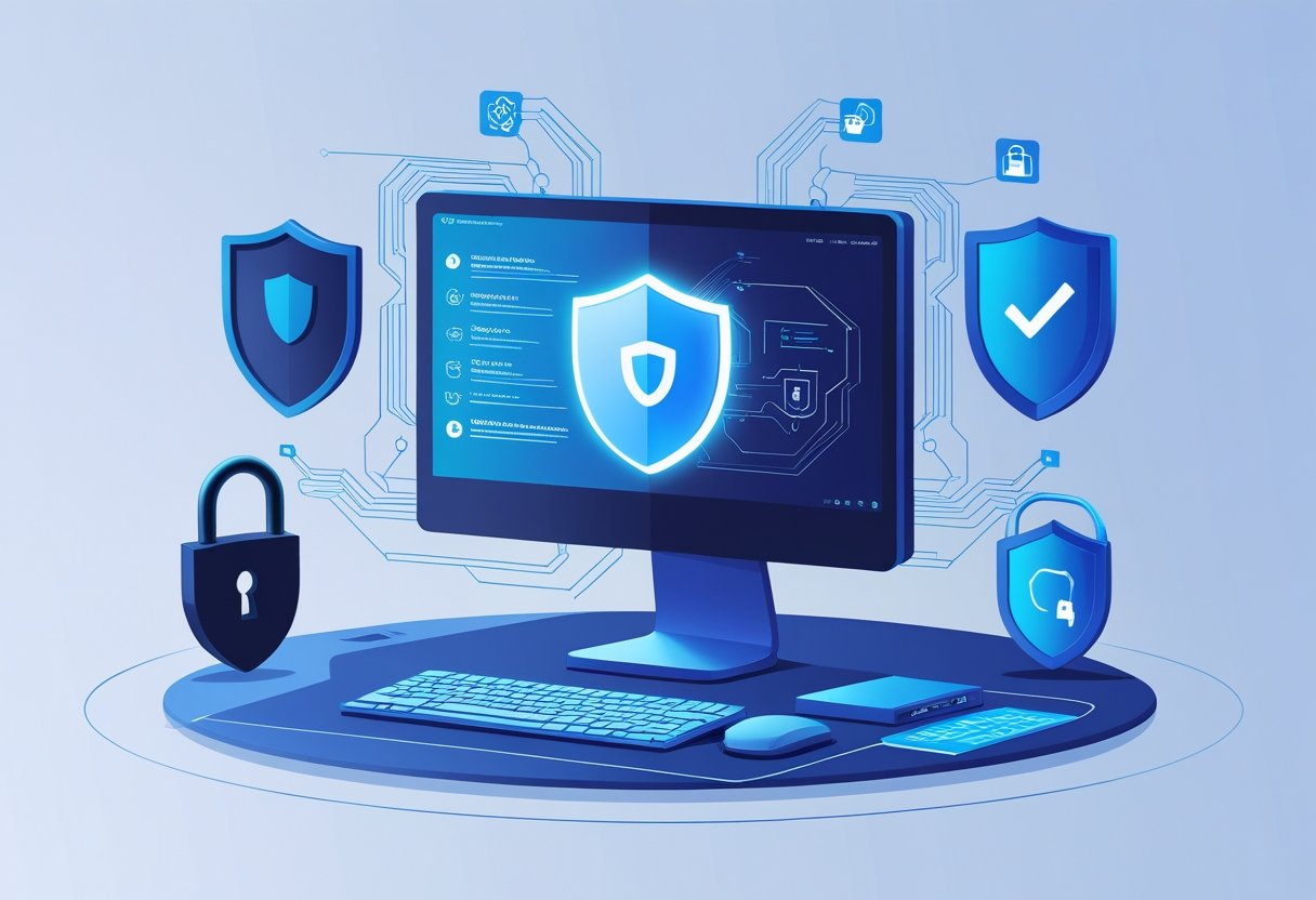 A computer with a glowing shield on the screen surrounded by icons representing strong passwords, antivirus, network protection, and software updates.
