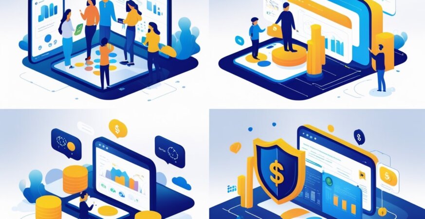An illustration showing four panels explaining why online services are free: users generating data, targeted advertisements, brand partnerships, and value exchange with privacy trade-offs.
