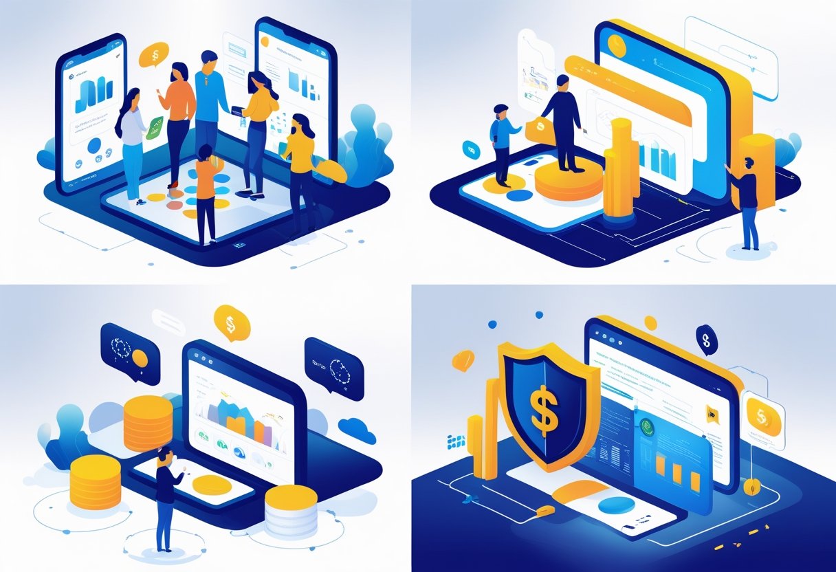 An illustration showing four panels explaining why online services are free: users generating data, targeted advertisements, brand partnerships, and value exchange with privacy trade-offs.