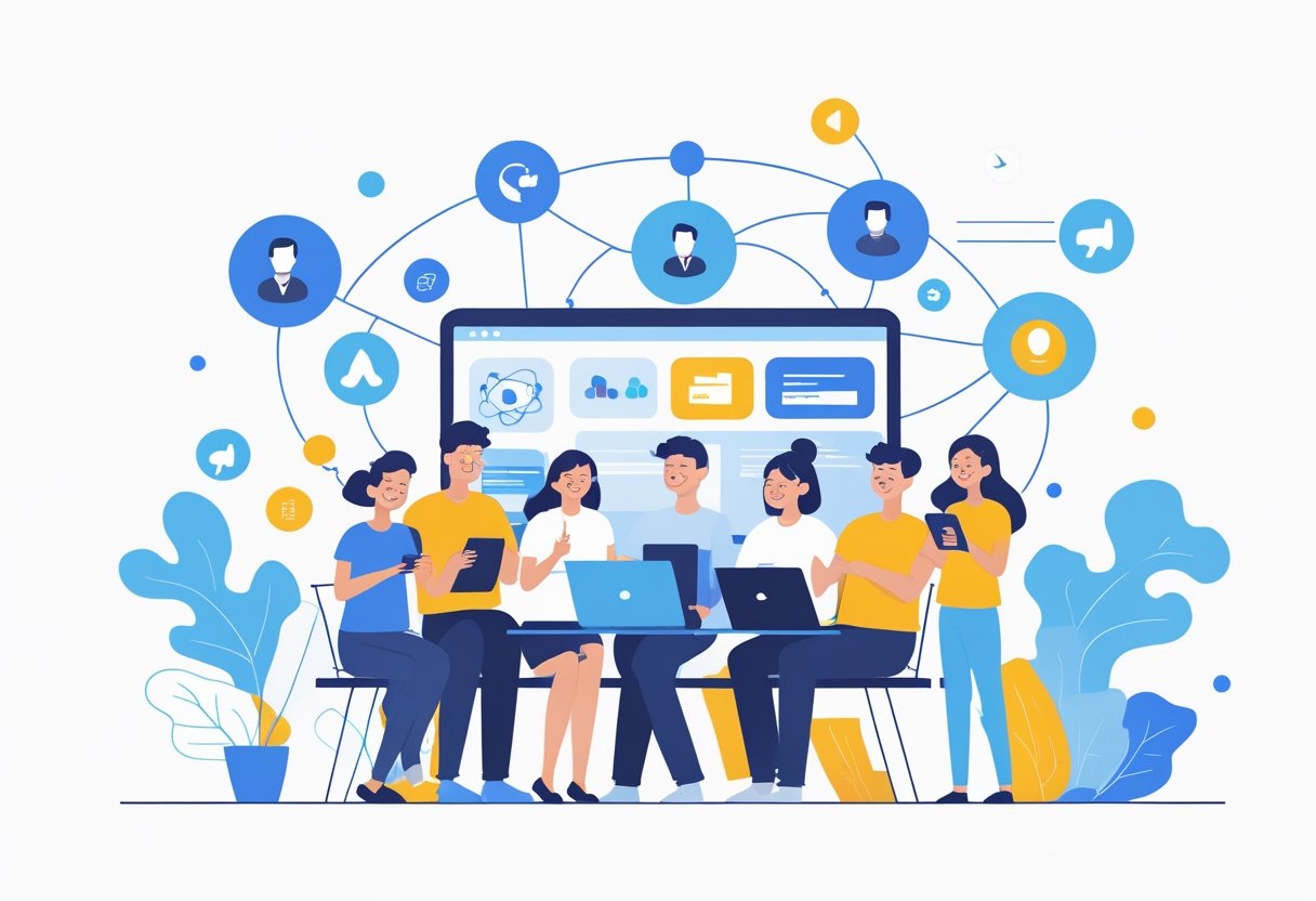 A group of people using digital devices surrounded by icons representing data collection, advertising, user interaction, and growth.