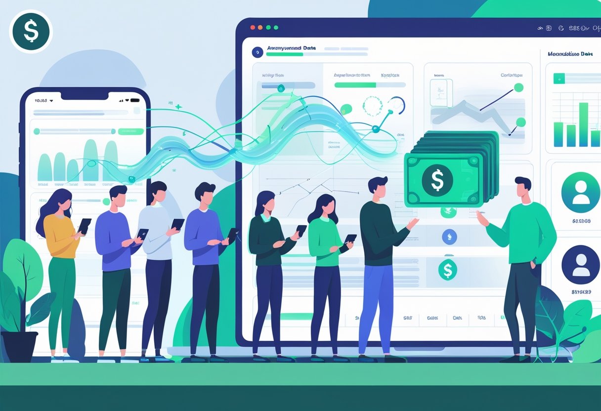 People using digital devices surrounded by flowing data streams and charts, with money symbols showing data being converted into revenue.
