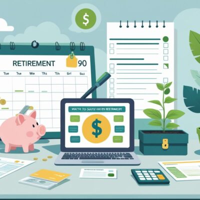An organized workspace showing a calendar, piggy bank, growing plant, checklist, calculator with documents, and a safe, symbolizing ways to save money for retirement.