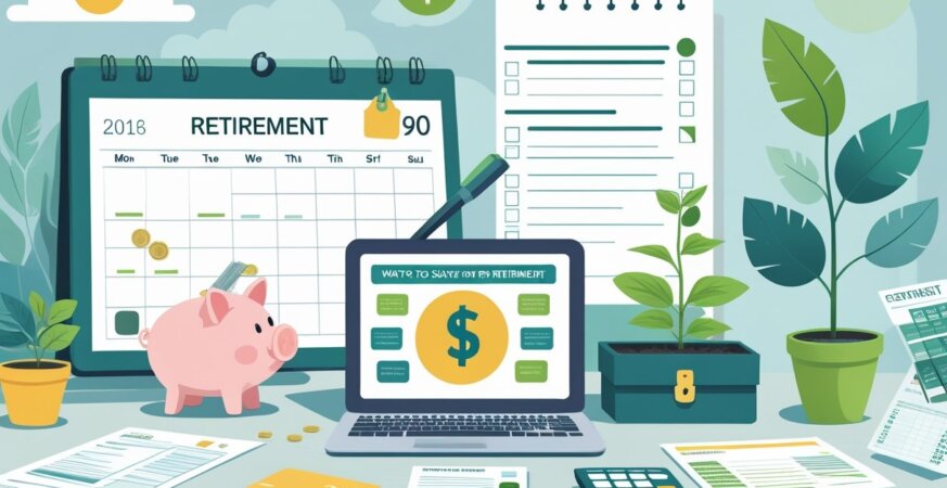 An organized workspace showing a calendar, piggy bank, growing plant, checklist, calculator with documents, and a safe, symbolizing ways to save money for retirement.