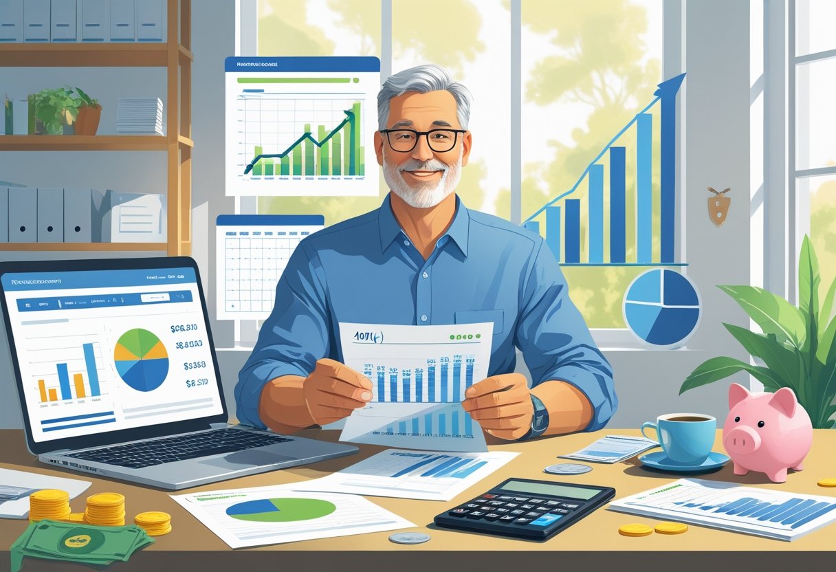 A person reviewing financial documents and a laptop with charts at a desk, surrounded by a calculator, piggy bank, and calendar, symbolizing retirement savings planning.