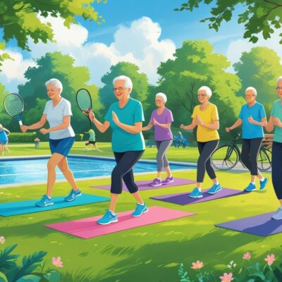 Older adults engaging in tennis, swimming, yoga, cycling, and walking in a sunny park setting.