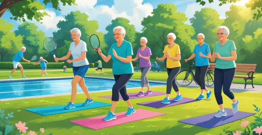 Older adults engaging in tennis, swimming, yoga, cycling, and walking in a sunny park setting.