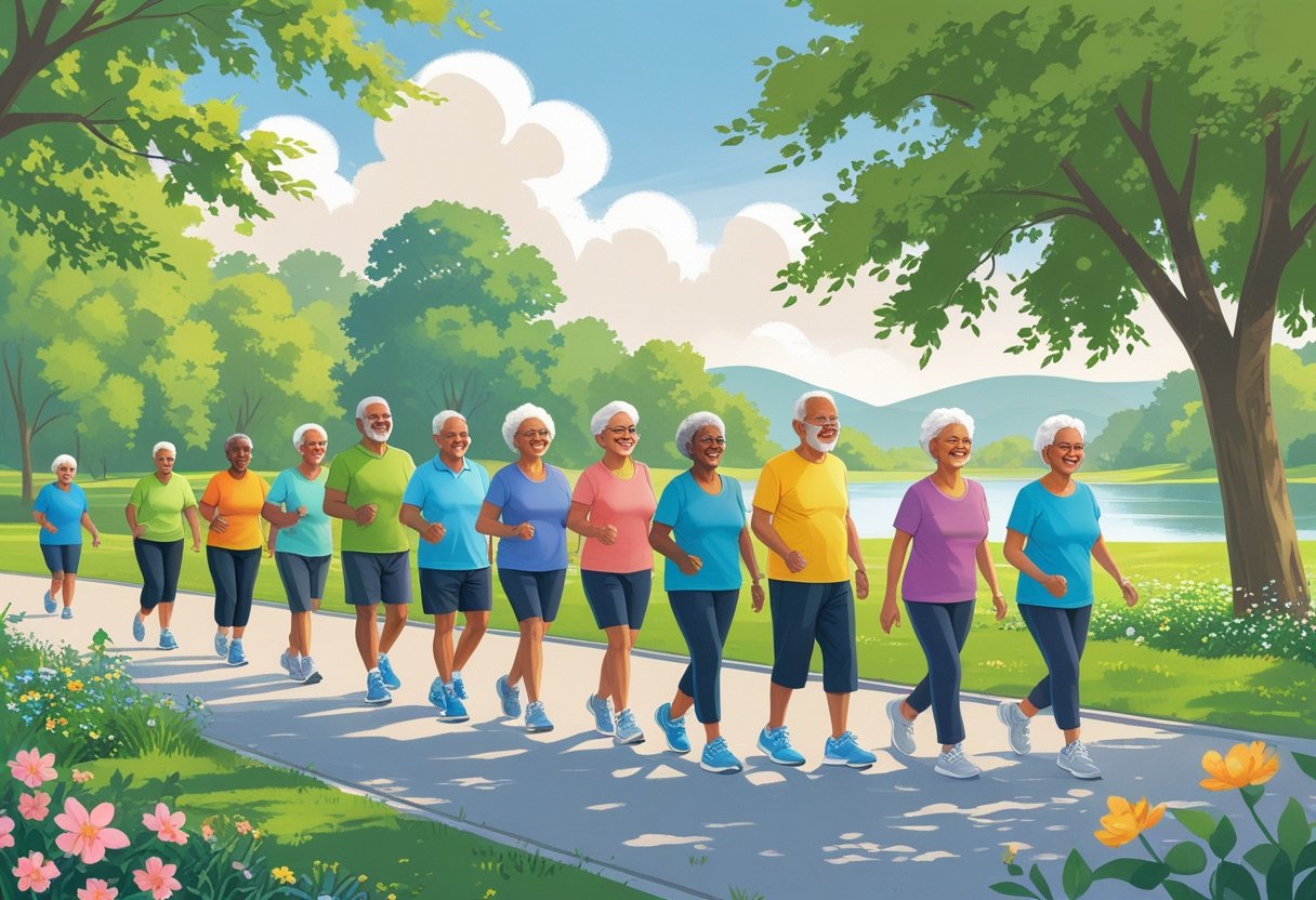 A group of older adults walking together on a park path surrounded by trees and greenery.