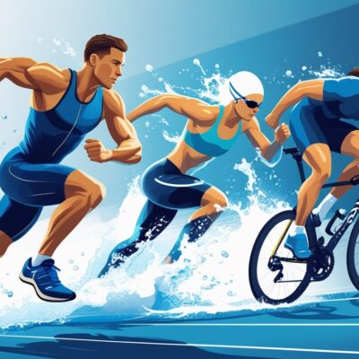 Three athletes performing high-intensity sports: a runner sprinting, a swimmer swimming, and a cyclist riding a bike.