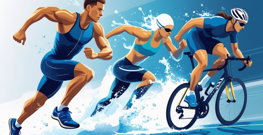 Three athletes performing high-intensity sports: a runner sprinting, a swimmer swimming, and a cyclist riding a bike.