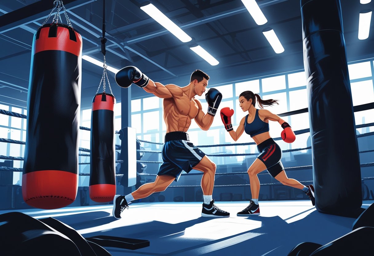 Two boxers training intensely in a gym, one punching a heavy bag and the other moving quickly with boxing gloves.