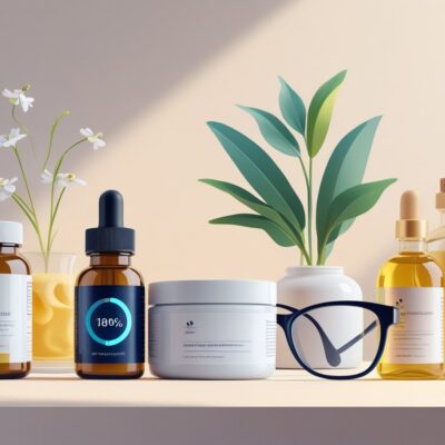 An arrangement of five products including supplements, anti-aging cream, a smartwatch, reading glasses, and herbal tea, all related to supporting aging.