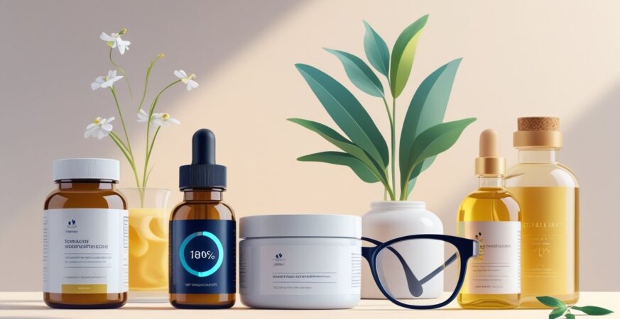 An arrangement of five products including supplements, anti-aging cream, a smartwatch, reading glasses, and herbal tea, all related to supporting aging.