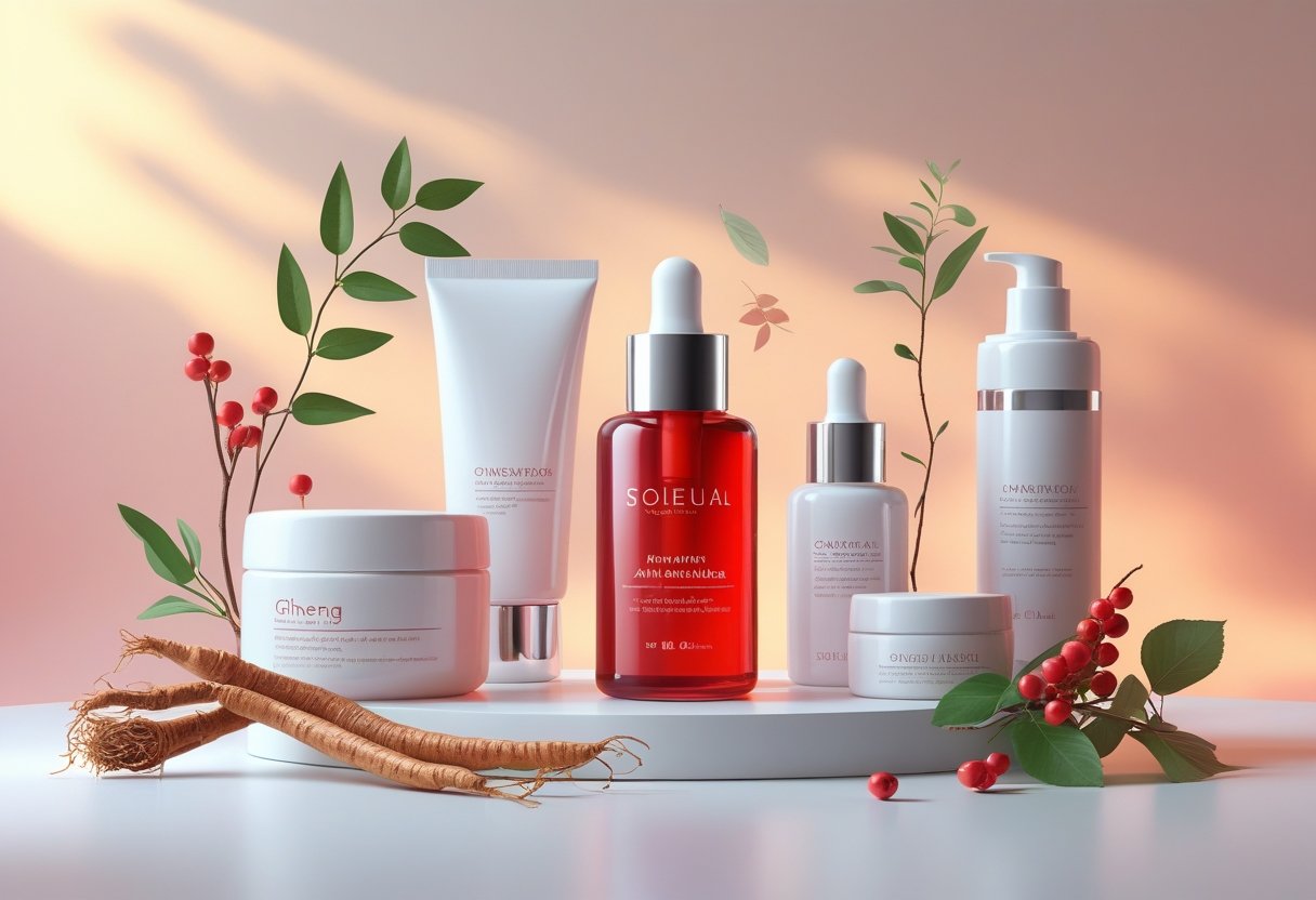 A collection of five skincare products including a red serum bottle surrounded by natural botanical elements on a white surface with a warm, softly blurred background.