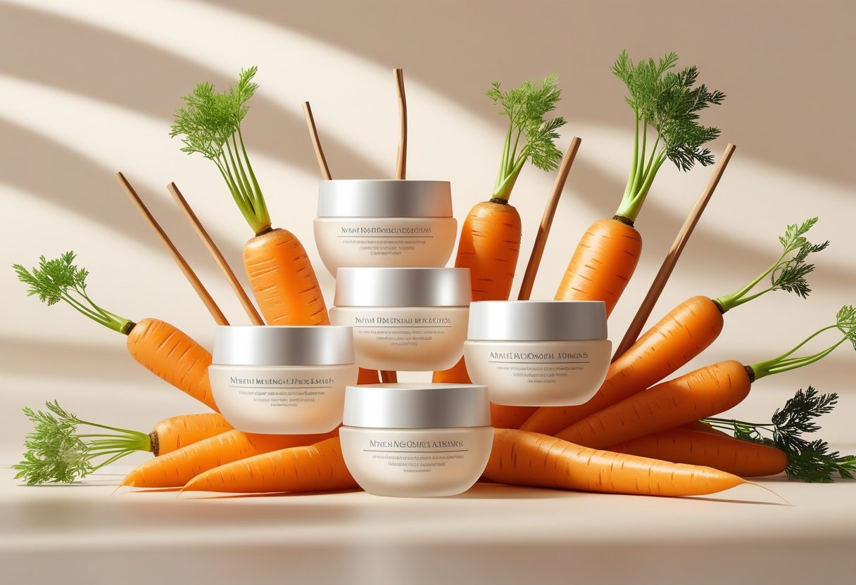 Five skincare product containers arranged with fresh carrots and wooden sticks on a light surface, symbolizing natural anti-wrinkle prevention.